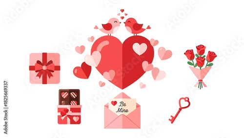 Collection of Valentine's Day Symbols Featuring Hearts, Love Birds, Roses, Gifts, and a Key