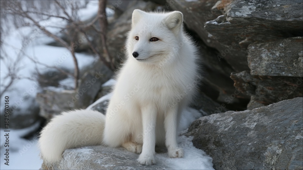 Naklejka premium In a serene winter scene, a beautiful arctic fox sits elegantly on a rocky surface, showcasing its soft, white fur. Surrounding snow enhances the tranquility of the moment