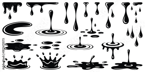 Puddles and drops splashing water, dripping liquid elements, isolated black ink flow, tears, flowing vector silhouettes, oil or rain drips, splash effects, fluid motion, and liquid design elements for