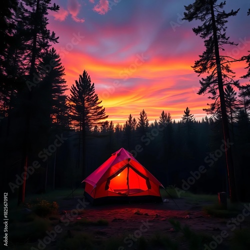 Serene forest scene at dusk, a vibrant red tent bathed in the warm glow of an orange and pink sky, dotted with twinkling fireflies,  nature's beauty, woodland
