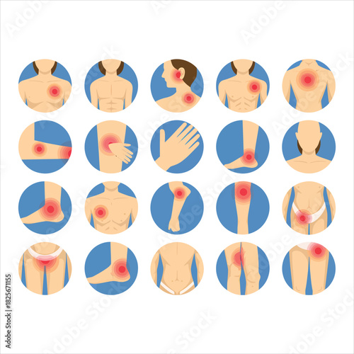 Human body areas exhibit inflamed red marks, indicating potential discomfort, within blue circular frames on white
