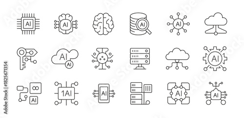 Artificial intelligence set of web icons in line style. Containing machine learning, data science, AI, virtual assistant, generative AI, technology.