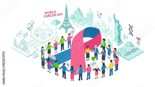 Global community unites in solidarity for World Cancer Day, forming a supportive circle around the iconic awareness ribbon amidst famous international landmarks