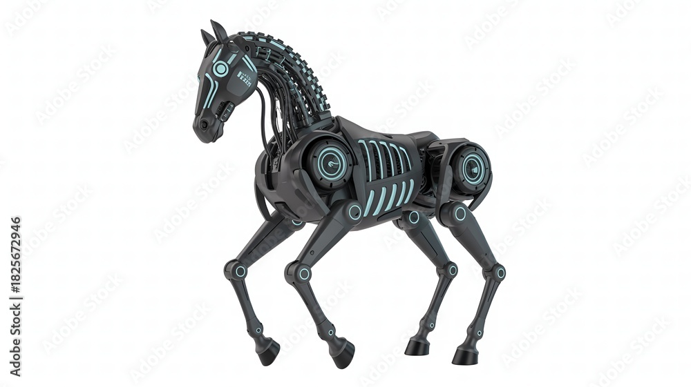 Fototapeta premium Futuristic Robotic Horse with Glowing Blue Accents on White Background