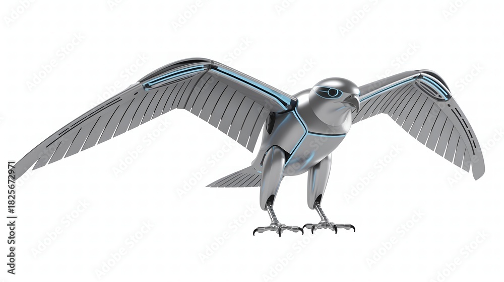 Fototapeta premium Futuristic Robotic Falcon with Glowing Blue Accents on White Background