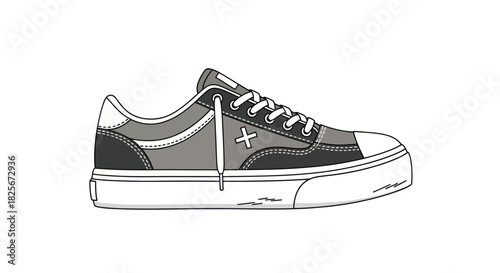 Detailed grayscale illustration of a casual low-top sneaker with laces and an X logo.