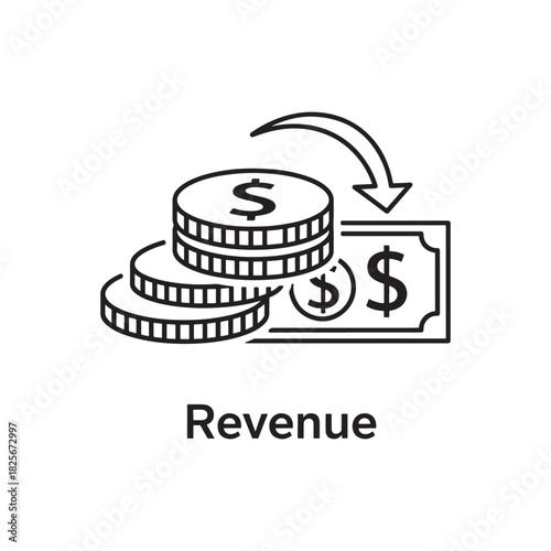 Financial illustration with coins and a bill. The image depicts a monetary exchange and income with the word Revenue underneath.