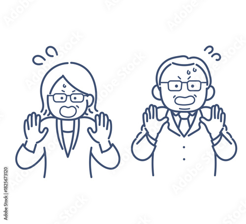 慌てる、驚く40代のビジネスパーソンのイラストセット　線画のみ