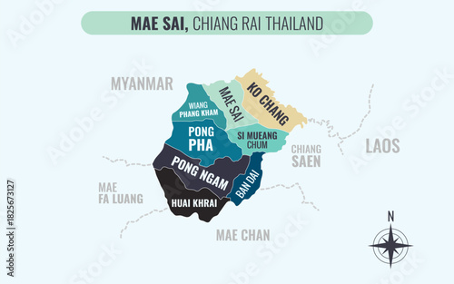 Canvas Print Map showing Mae Sai District Chiang Rai Thailand divided into sub-districts with
