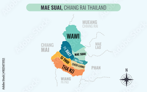Map showing Mae Suai District Chiang Rai Thailand divided into sub-districts with minimalist colorful patterns