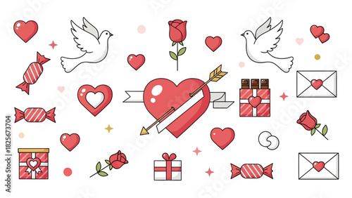 Heart-shaped Love Elements with Doves, Roses, and Candies for Valentine's Day