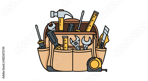 Cartoon Toolbox Filled with Various Hand Tools for Repair and Construction.