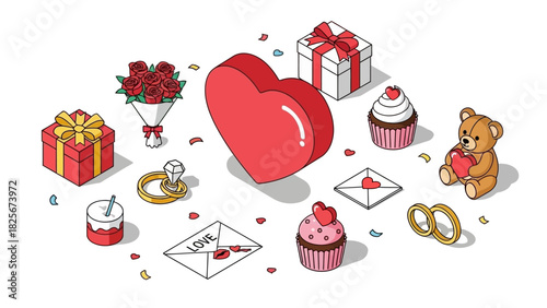 Valentine's Day isometric icons gifts, hearts, cupcakes, rings, envelopes, and teddy bear