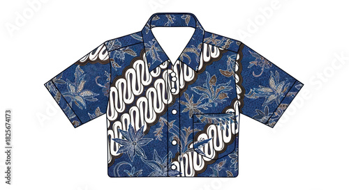 Blue Hawaiian Shirt with White Pattern and Short Sleeves.