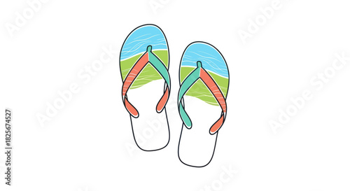 Colorful Hand-Drawn Flip-Flops with Tropical Pattern.