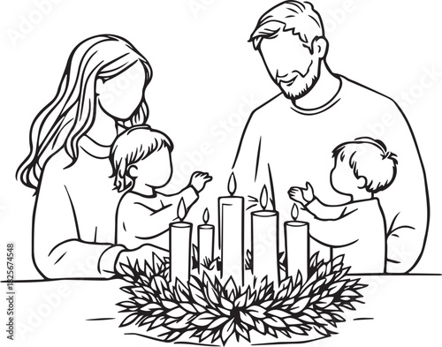 
Black and white vector illustration of family around Advent wreath with five lit candles and foliage