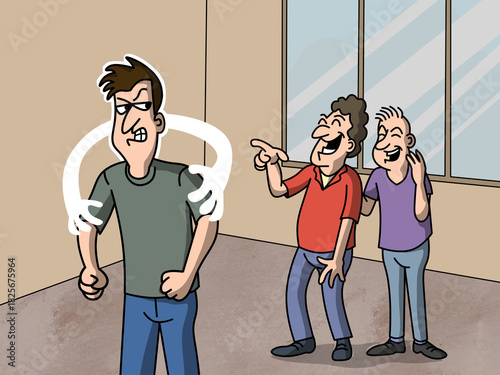 Photography A man is managing his anger with self-control, while two people are provoking and teasing him