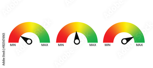Risk meter icon set. Scale Low, Medium or High risk on speedometer. Risk concept on speedometer. Set of gauges from low to high. Minimum to Maximum. 