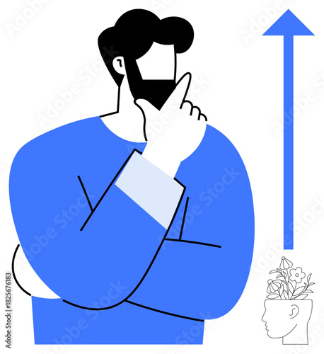 Person pondering deeply next to an upward arrow and a small blooming head plant, symbolizing creativity, personal development, progress, decision-making, innovation, goal-setting, and mindfulness