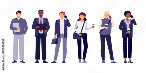 Diverse group of business professionals standing together on white background