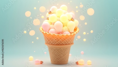 A waffle cone stuffed with small glowing light bulbs instead of ice cream scoops, soft pastel background, surreal visualizing innovation & ideas.