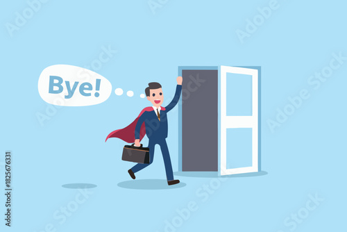 Cartoon businessman with cape leaving through door saying bye