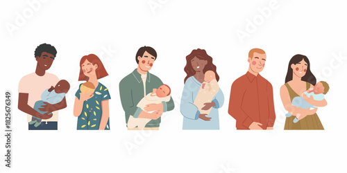 Diverse parents holding newborn babies showcasing family diversity and love vector illustration