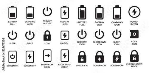 Set of battery charging levels, power on off, restart, sleep, and lock unlock icons
