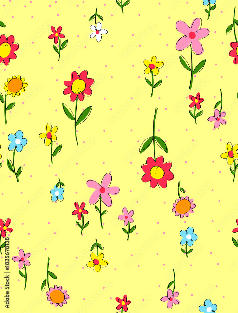 Fototapeta premium Cheerful floral pattern with vibrant hand-drawn flowers and delicate polka dots, perfect for spring textiles, children's apparel, and uplifting designs