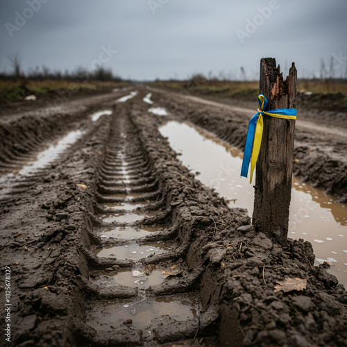 Muddy rural road with deep tire tracks and puddles, featuring a weathered wooden post adorned with a Ukrainian blue and yellow ribbon under a gloomy sky, symbolizing resilience and conflict