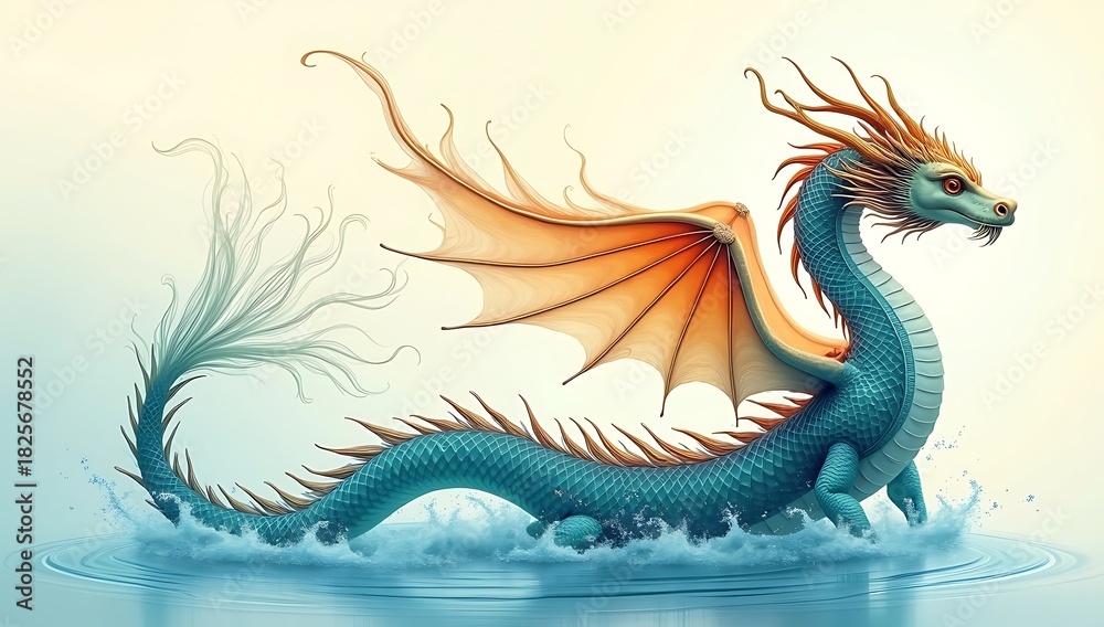 Obraz premium A graceful dragon formed from swirling koi-water patterns, flowing blue-orange waves, elegant motion trails, symbolizing balance and harmony.