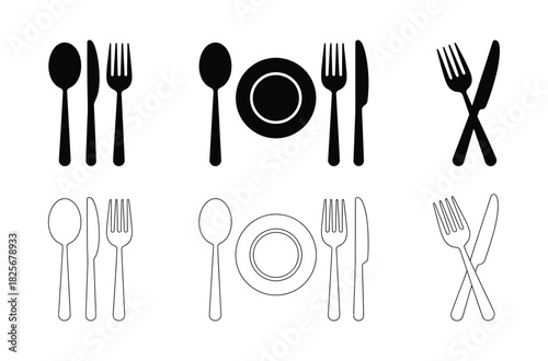 Fork, spoon, knife, and plate icon. Cutlery icon set in line and flat style. Dinnerware icon symbol in the circle. Restaurant sign and symbol. Vector illustration