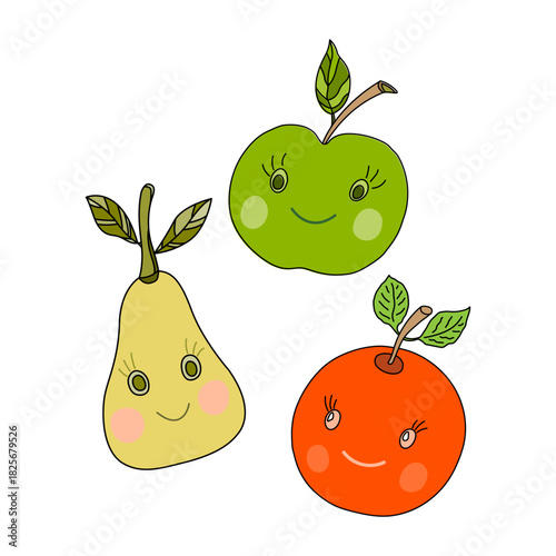 Cute smiling fruits orange, apple, pear in kawaii style vector poster design element.