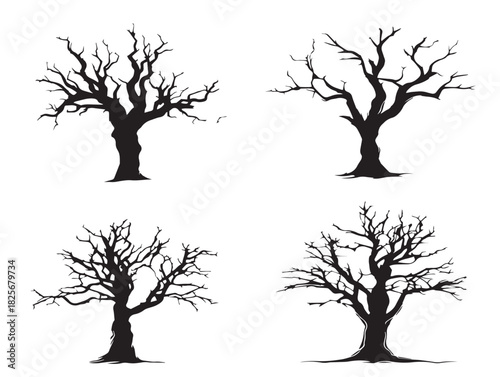 Dynamic dead tree illustration with bold striking silhouette shapes