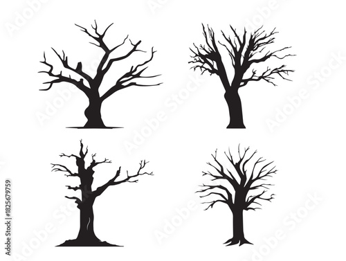 Beautiful dead tree silhouette variation drawn in elegant vector