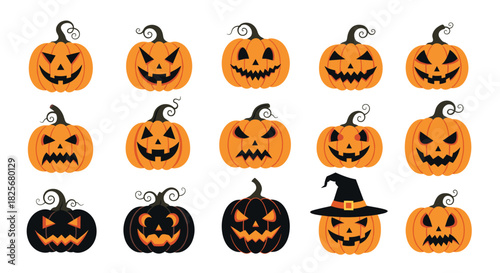 A diverse collection of carved Halloween pumpkins, featuring a variety of spooky, funny, and evil jack-o'-lantern faces in a pixel art style.