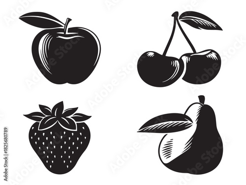 Elegant fruit icon set showing dynamic artistic silhouette shapes