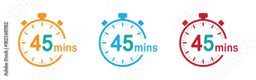45 minute Timer, clock, stopwatch isolated icons. Countdown timer symbol. Label cooking time. Minute timer, Time measure, Chronometer, Alarm, Kitchen timer, label, sticker, stamp.  Vector illustration