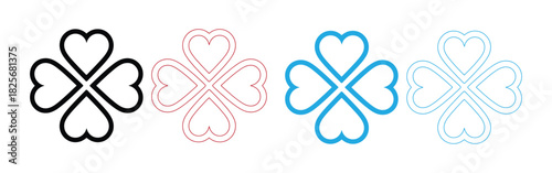 Set of heart-shaped clover icons composed of four symmetrical hearts forming a flower-like symbol. Includes solid and outlined versions in red and black. Perfect for designs related to love, luck, rom