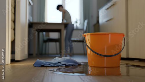 Worried homeowner dealing with burst pipe and water damage in kitchen