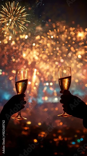 Two champagne glasses raised against warm golden fireworks, capturing the excitement of holiday celebrations. Bokeh lights create a dreamy, festive atmosphere.