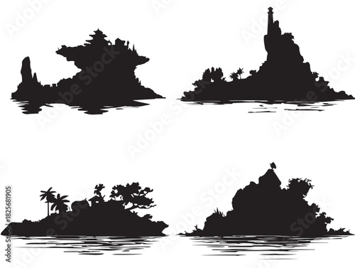 Elegant island silhouette icon with beautiful minimal tropical scenery