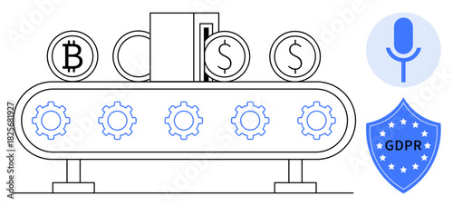 Conveyor belt carries Bitcoin, dollar coins, gears symbolizing automation shield represents GDPR compliance microphone highlights voice technology. Ideal for tech, finance, privacy, fintech