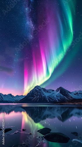 星空に揺れる幻想的オーロラの美しい夜空背景ループ映像