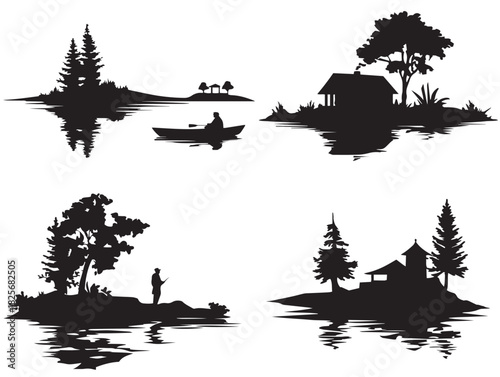 Beautiful lake silhouette icon set with elegant natural water scenery