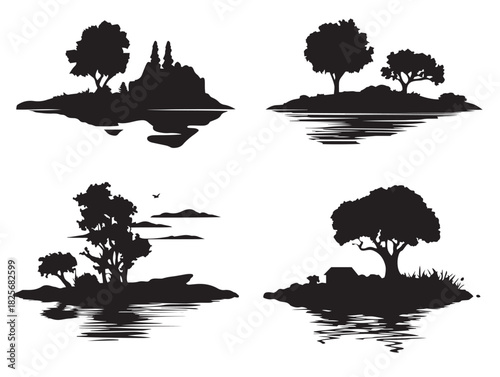 Elegant peaceful lake silhouette icons with beautiful scenic shapes