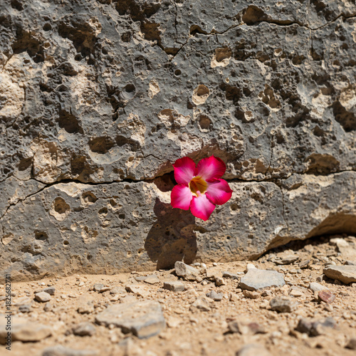 Vibrant pink desert rose blooming defiantly from a crack in a rough, weathered rock in a barren landscape, symbolizing resilience, beauty, and survival against harsh conditions