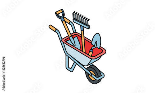 Cartoon wheelbarrow filled with gardening tools for spring planting projects, garden design, and landscaping services, ideal for home and garden blogs