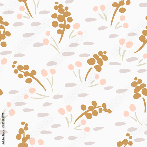 Little water weeds floating on a water body, forming a minimalist botanical pattern in colors of brown, pink and gray on off white background. Floral seamless vector pattern. Great for home decor, etc