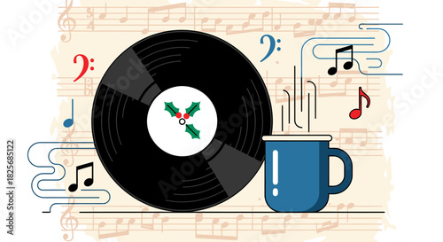 A cozy illustration of a classic vinyl record with festive holly, a steaming hot drink in a mug, and musical notes, perfect for winter holiday cheer.